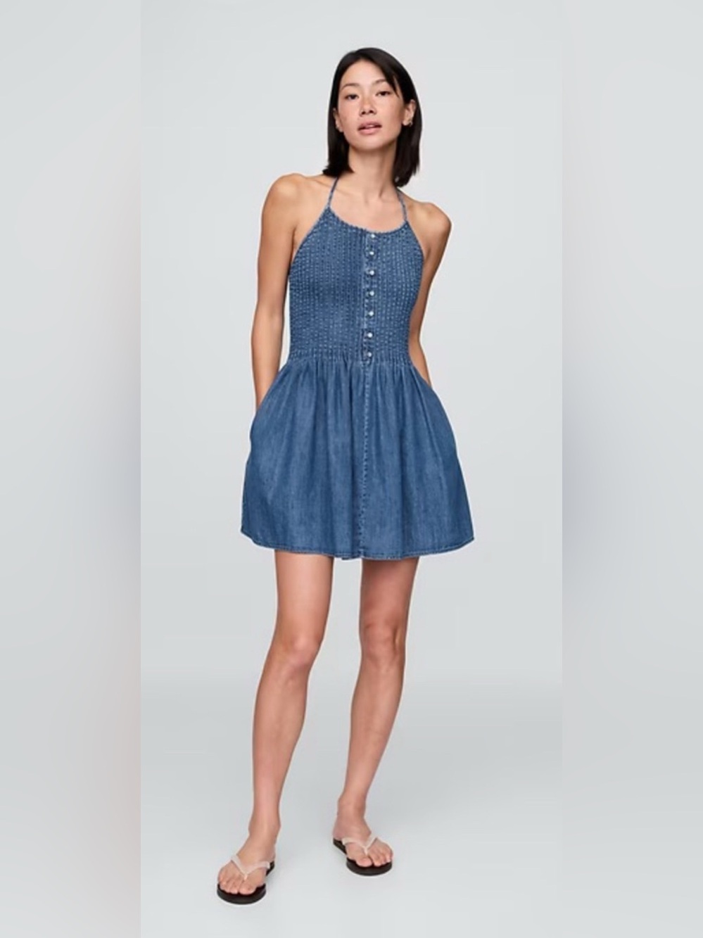 Gap Denim Pintuck Soft Cotton Halter Tie Blue Mini Dress - NWT-  Size L Tall